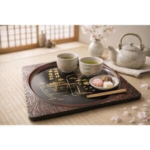 Japan 1960s Miyajimabori Lacquer Yasukuni Shrine Commemorative Obon Tray, 11x11”